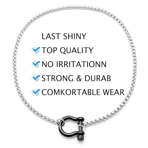 18K Gold Plated Buckle Necklace with Heavy Screw Anchor Shackle Wheat Chain Two Tone Carabiner 17.7 Inch Stainless Steel Foxtail Chain - color: Silver necklace with black clasp