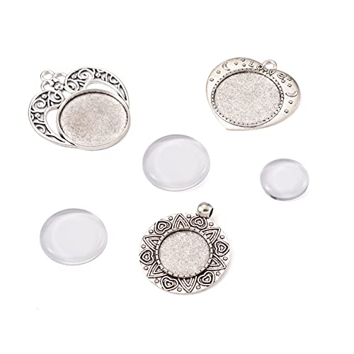 FASHEWELRY 6 Sets Tibetan Style Round Bezel Pendant Trays with Clear Glass Cabochon Dome Tiles for Photo Pendant Craft Jewelry Making - color: Heart & Flat Round