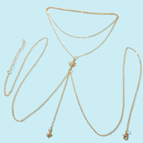 14K Gold Plated Body Chains for Women, Sexy Layered Belly Waist Chain Crossover Bikini Bra Chain, Summer Beach Rhinestone Body Jewelry - style: Gold Starlight