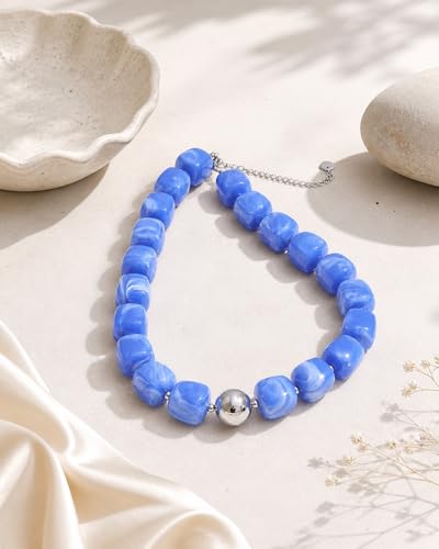 Mchic Colorful Beaded Choker Necklace for Women: Boho Large Square Acrylic Beaded Necklace Stainless Steel Adjustable Surfer Beach Strand Necklaces Summer Handmade Jewelry Gift for Women - color: Blue-Silver