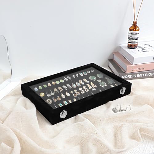 Wudygirl Earring Organizer Tray Jewelry Organizer 32 Pairs Earring Box Organizer Black Velvet Jewelry Display Case with Transparent Lid(Black Earring Storage) - style: Earrings Tray