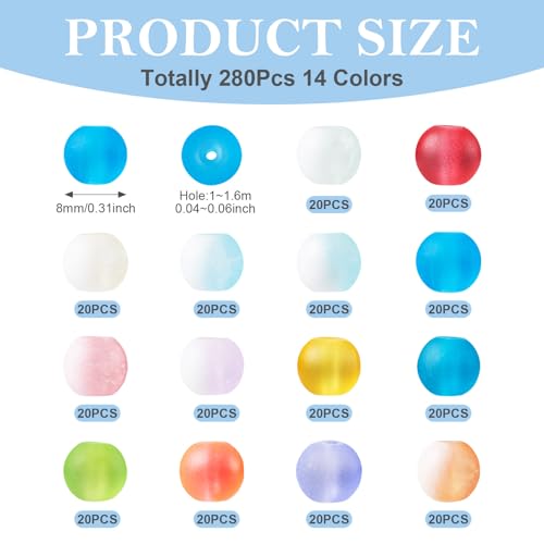 KISSITTY 280pcs 8mm Glass Matte Beads Frosted Crystal Round Aesthetic Bead Spacers 14 Colors for DIY Necklaces Earrings Bracelets Jewelry Craft Making for Women