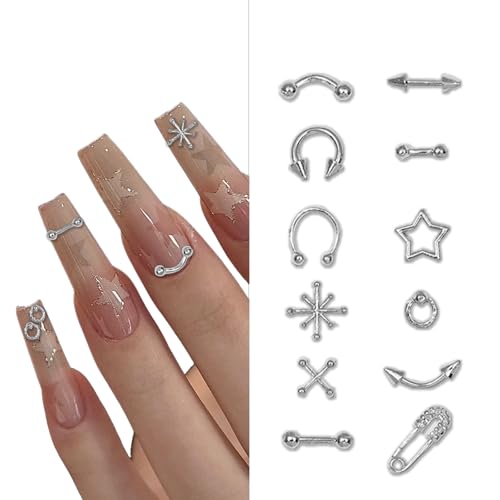 120 Pcs Mixed Nail Charms, CYHYII 1 Box Silver 3D Star Retro Nail Art Charm Y2K Metal Cross for Acrylic Nail Nail Art Design DIY Craft(12 Styles) - color: 120P MIXED