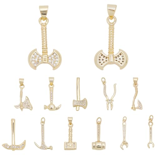 Beebeecrfat 12Pcs 12 Styles Gold Tool Pendant Charms Mini 18K Gold Plated Brass Cubic Zirconia Wrench & Plier & Hammer & Axe Home Tool Charms for Jewelry Making Necklaces Bracelets Earring DIY Crafts - color: Gold