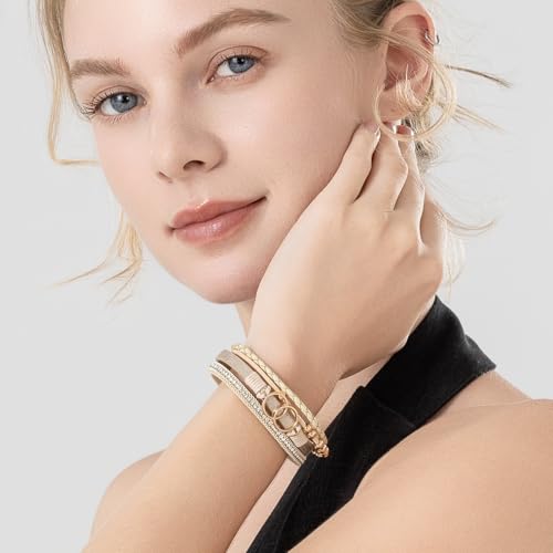 FANCY SHINY Mothers Day Gifts Boho Leather Wrap Bracelet Stackable Infinity Chunky Cuff Bracelets Western Hippie Outfits Jewelry Valentine Gifts for Women - color: Gold