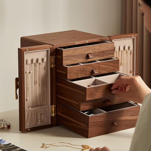 CHOSIN Black Walnut Wooden Jewelry Box 5 Layer Large Wood Jewelry Organizer Brass Handle for Necklaces Rings Earrings Watches Storage Monther Mothers Day Gifts for Mom (7.9x8.7x10.0inches) - style: Ginkgo Leaf - Shaped Handle