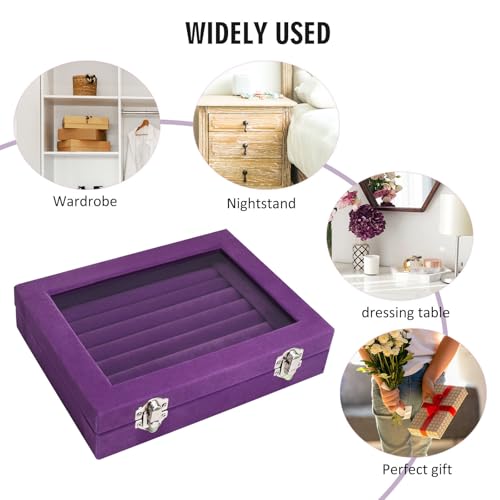 Vicoter Rings Organizer Tray 7 Slots Velvet Jewelry Earring Storage Box with Transparent lid Jewelry Display Case for Girls Wife Mom Women (Purple) - color: Purple