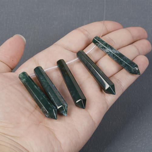 50mm Natural Moss Agate Hexagonal Wand Jewelry Making Crystal Pointed Chakra Reiki Healing Beads 2mm Hole Drilled(Pack of 5) - color: Moss Agate