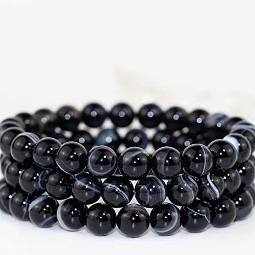 8mm Natural Gemstone Stretch Bracelet, Handmade Unisex Crystal Bracelets for Meditation, Yoga, Spiritual Healing & Positive Energy - color: Black Sardonyx