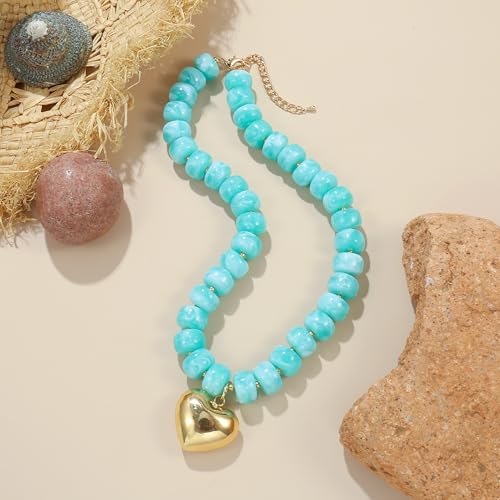 Chunky Heart Necklace for Women, Colorful Acrylic Beaded Statement Puff Heart Necklace, Cute Boho Y2K Choker Necklace for Gift Jewelry - color: Lake Blue