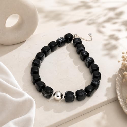 Mchic Colorful Beaded Choker Necklace for Women: Boho Large Square Acrylic Beaded Necklace Stainless Steel Adjustable Surfer Beach Strand Necklaces Summer Handmade Jewelry Gift for Women - color: Black-Silver
