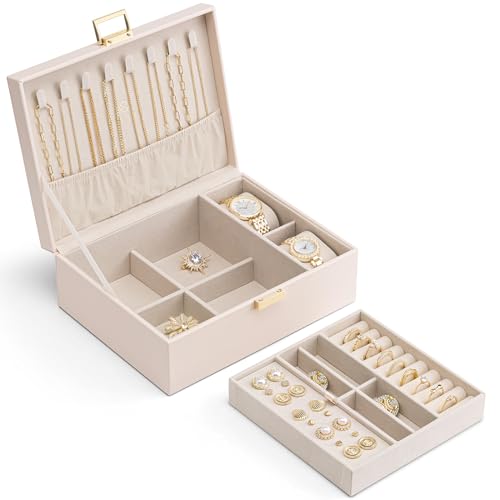 VLANDO 2 Layer Jewelry Boxes Large Jewelry Organizer for Women Removable Jewelery Tray for Watch Necklace Earrings Rings Bracelets Mothers Gifts Mom Gifts(Apricot White) - color: 04-Apricot Pink-Watch Pillow