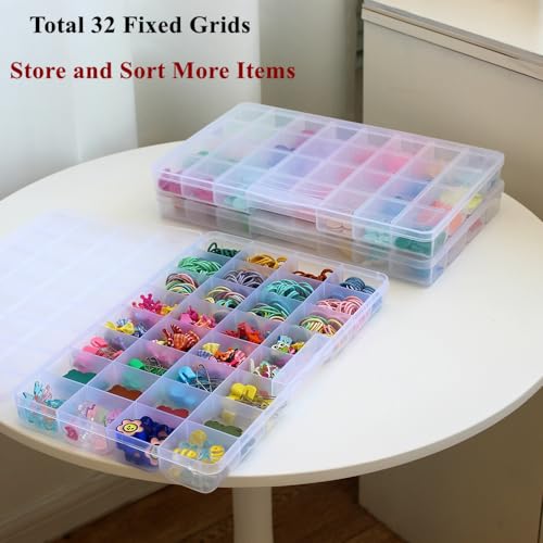 3 Pack Fixed 32 Grids Clear Plastic Storage Box, Transparent Organizer Container Case for Bead, Button, Jewelry, Diamond, Craft Supplies, Small Parts, Sewing Kit, DIY Accessories