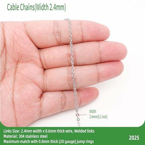 32.8-Feet Width 2.4mm Stainless Steel Cable Chains, 18K Gold PVD Welded Permanent Craft Chains for Necklace Bracelet Earring Jewelry Making - color: Stainless Steel, size: Cable Chains(Width 2.4mm)