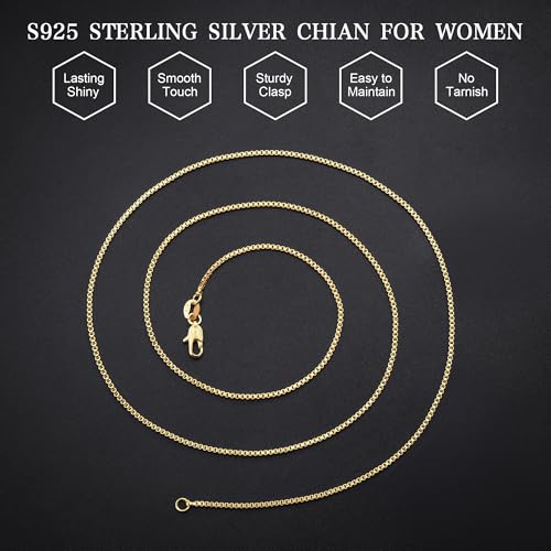 18K Gold Plated 925 Sterling Silver Chain for Women, 1mm Box Chain Dainty Gold Necklace Jewelry Gifts for Women Mom Girlfriend - size: 16 Inches