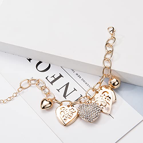 SILANER Gold Chain Link Bracelet - 7"+ 2" Extender 14K Gold Plated Love Locked Bracelets for Women, with Crystal, Love Heart,Key, Lock, Charm Bracelet - color: Ture Love Charm
