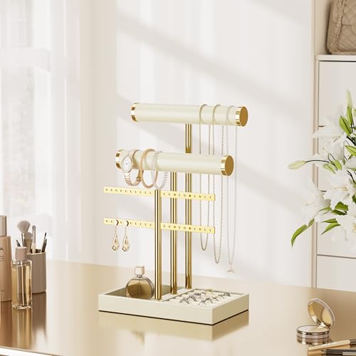 bussdis 3 Tier Bracelet Holder Display - Beige Leather Bracelet Holder, Detachable T Bar Jewelry Holder Organizer for Bracelet, Necklace, Earrings, Rings, Watches, Bangle - color: Beige