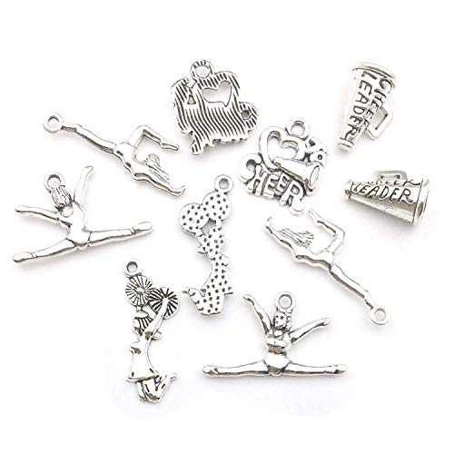 50 PCS Cheerleader Charms Collection, Cheer and School Spirit Gymnastics Girl Pom Girl Love Cheer Jumping Cheerleaders Charms, Silver Tone (HM163) - color: Cheerlead Charms