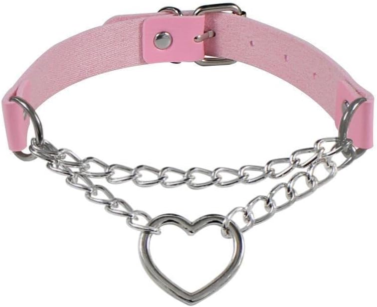 Gothic Heart Pendant Choker Necklace with Chain, Black Leather Collar, Silver Metal Hardware