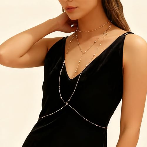 Body Chain,Body Jewelry for Women,Sexy Layered Chest Chain,Layered Adjustable Waist Jewelry for Beach Accessories,Gold Plated Waist Chains - color: Gold-B