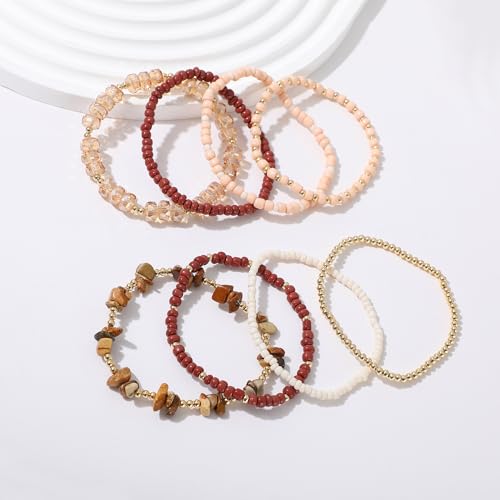 RISHEGAE Heishi Beaded Stretch Bracelets for Women Stackable Polymer Clay Beads Bracelets Friendship Boho Summer Beach Bracelet Jewelry Set - color: A-A brown