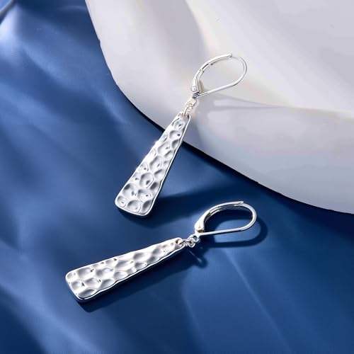ALEXCRAFT 925 Sterling Silver Dangle Earrings for Women, 14K Gold Plated French Leverback Earrings, Hypoallergenic Lightweight Statement Hammer Square Bar Long Drop Earing for Women Trendy Jewelry - color: SilverA