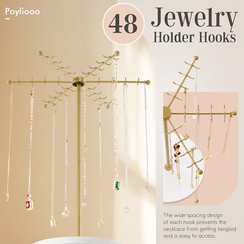 Poyilooo Necklace Holder Jewelry Stand, Rotating Necklace Holder Organizer with 48 Hooks for Necklace Earring Keychains Bracelet Display Stand, Metal Necklace Tree Stand -Women Gifts (Gold) - color: Gold