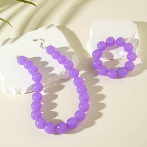 Colorful Chunky Beaded Necklace for Women Acrylic Bead Choker Necklaces Fashion Large Round Beads Necklaces for Women Handmade Summer Jewelry - color: Purple bracelet + necklace