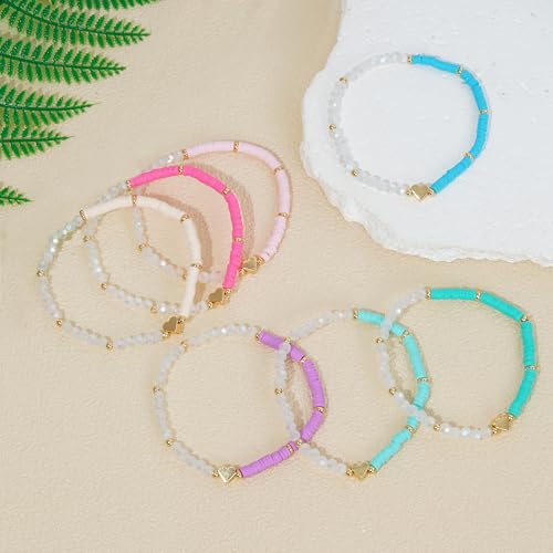 RISHEGAE Heishi Beaded Stretch Bracelets for Women Stackable Polymer Clay Beads Bracelets Friendship Boho Summer Beach Bracelet Jewelry Set - color: C-Small blue clay 7pcs