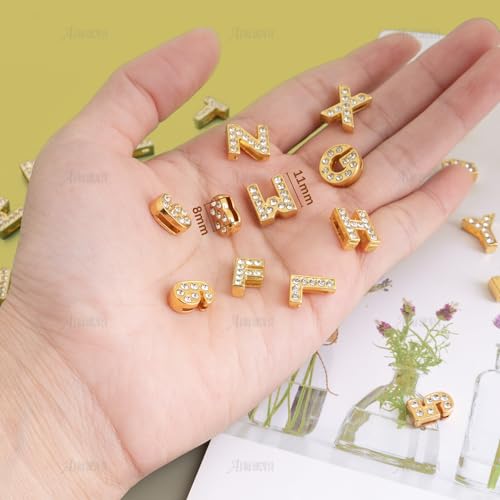 AUEAR, 36 Pack Gold 8mm Full Rhinestone Slide Alloy Letter Charm Crystal A-Z Alphabet with 0-9 Numbers for Bracelets Wristbands DIY Jewelry Making - color: Gold, size: 36 Pack