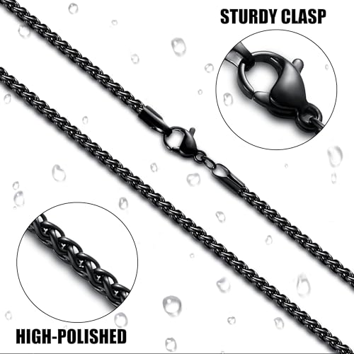 Fiusem Black Wheat Chains for Men and Women, 2/2.5/3/4/5mm Stainless Steel Necklace Chain, Mens Necklace Jewelry Gift 16-28 Inch - size: 20 Inches, style: Black 2.5MM
