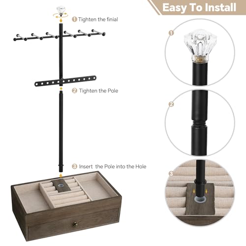 Meangood Jewelry Organizer Stand, 3-Tier Necklace Holder Jewelry Tree with Wooden Storage Drawer Box for Necklace Bracelet Earring Ring, Walnut - color: Weathered Grey
