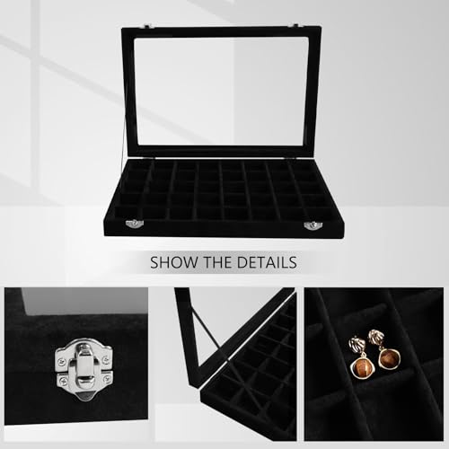 Wudygirl 40 Grid Jewelry Organizer Tray for Earrings Rings Bracelets Storage Necklaces Display Large Jewelry Box with Clear Lid Multiple Compartments Drawer Organization (Black Velvet) - style: 40 Grid Tray