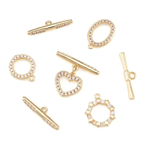 4Pcs Cubic Zirconia Toggle Clasps 18K Gold Plated Brass Toggle Jewelry Clasps IQ End Connector Oval Ring Star Heart T-Bar Closure Clasp for Bracelet Necklace Jewelry Making - color: Clear