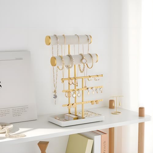 Lolalet Bracelet Display Stand Necklaces Holder, 5 Tiers Jewelry Organizer and Storage Rack with Velvet Slot and Metal Base, for Women Bangles Watches Ring Earrings -White - color: White