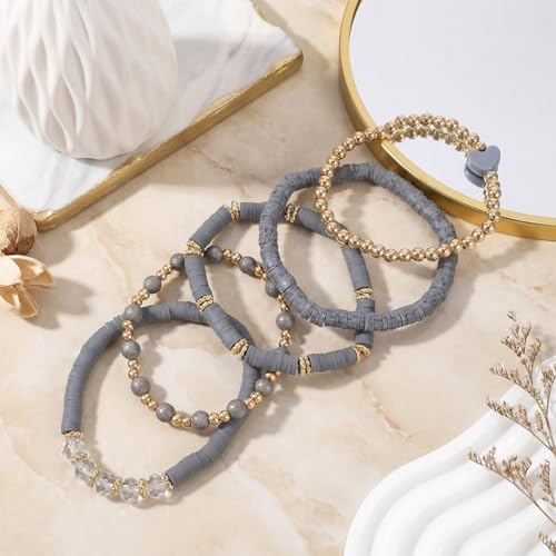 5Pcs Beaded Bracelets for Women, Bohemian Glass Faceted Crystal Beads Bracelet, Stackable Boho Disco Ball Stretch Bracelets, Multilayered Purple Jewelry Gift for Women, Mother's Day - color: Gray