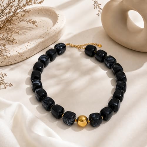 Mchic Colorful Beaded Choker Necklace for Women: Boho Large Square Acrylic Beaded Necklace Stainless Steel Adjustable Surfer Beach Strand Necklaces Summer Handmade Jewelry Gift for Women - color: Black1