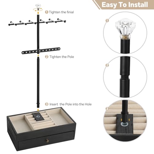 Meangood Jewelry Organizer Stand, 3-Tier Necklace Holder Jewelry Tree with Wooden Storage Drawer Box for Necklace Bracelet Earring Ring,Black - color: Dark Black