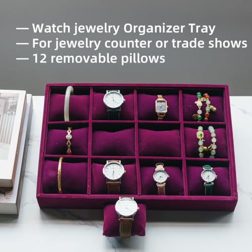 Jewelry Watch Tray, Purple Velvet Watch Jewelry Organizer 12 Grid, Stackable Watch Bracelet Bangle Display Holder, Adjustable Pillows, for Man Woman Show Birthday - color: Purple
