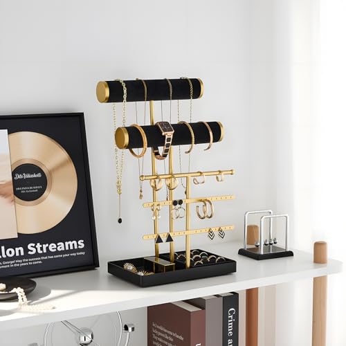 Lolalet Bracelet Display Stand Necklaces Holder, 5 Tiers Jewelry Organizer and Storage Rack with Velvet Slot and Metal Base, for Women Bangles Watches Ring Earrings -Black - color: Black