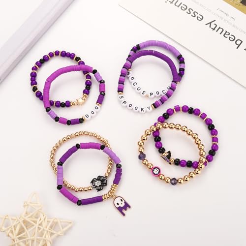 FAERLIIRY Halloween Bracelets for Women Preppy Heishi Bracelets HOCUS POCUS SPOOKY Letter Stack Vinyl Disc Beads Surfer Stretch Bracelet Halloween Cosplay Jewelry Gifts - style: SPOOKY BOO