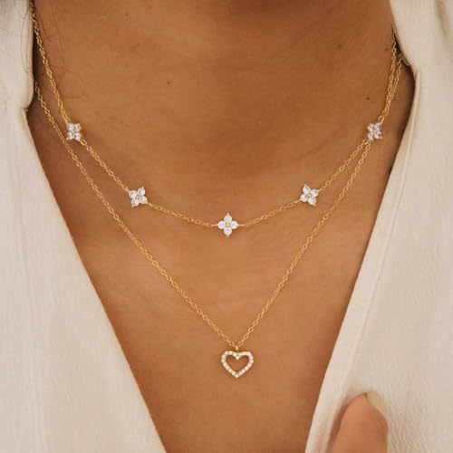 Mothers Day Gifts - Dainty Silver Gold Necklaces for Women Cute Station Choker Simulated Diamond Necklace Simple Layering CZ Necklace Trendy Jewelry Gifts - color: Gold, style: Flower