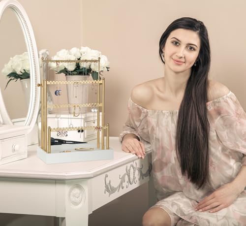 Tirzah 3-Tier Adjustable Earring Necklace Holder Organizer Stand, Gold Jewelry Display Tree with 105 Slots, 10 Double-Sided Hooks, White Tray for Women, Girls - color: Gold & White, for Necklace Earring