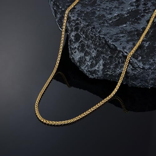 Fiusem Black Wheat Chains for Men and Women, 2/2.5/3/4/5mm Stainless Steel Necklace Chain, Mens Necklace Jewelry Gift 16-28 Inch - size: 28 Inches, style: Gold 2.1MM