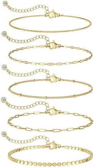 MBW Gold Bracelets for Women Trendy, Dainty 14K Gold Plated Bracelet Stack Beaded Chain Bracelet Set Thin Small Cute Paperclip Bracelets Fashion Waterproof Jewelry Gift Gold Accessories for Women