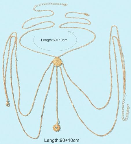 14K Gold Plated Body Chains for Women, Sexy Layered Belly Waist Chain Crossover Bikini Bra Chain, Summer Beach Rhinestone Body Jewelry - style: Gold Eye1