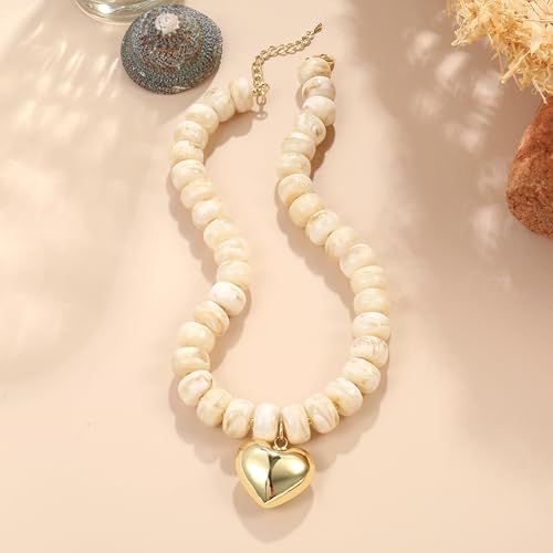 Chunky Heart Necklace for Women, Colorful Acrylic Beaded Statement Puff Heart Necklace, Cute Boho Y2K Choker Necklace for Gift Jewelry - color: Beige