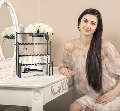 Tirzah 3-Tier Adjustable Earring Necklace Holder Organizer Stand, Black Jewelry Display Tree with 105 Slots, 10 Double-Sided Hooks, White Tray for Women, Girls - color: White & Black, for Necklace Earring