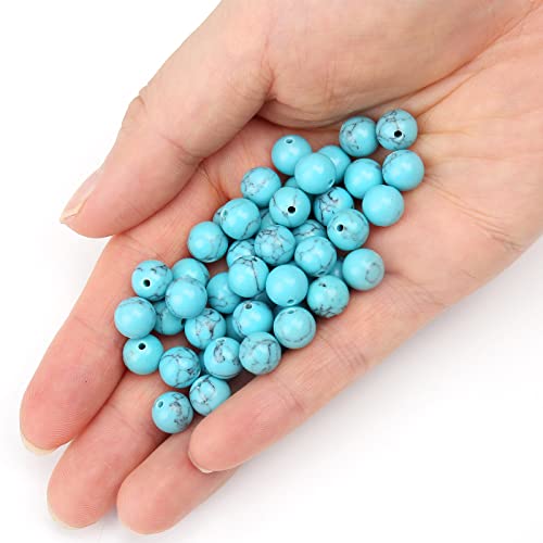 70PCS Natural 8MM Healing Gemstone, Blue Turquoise Energy Stone Round Loose Beads, Semi-Precious Crystal Beads with Free Elastic String for Jewelry Making DIY - color: Blue Turquoise, size: 8MM