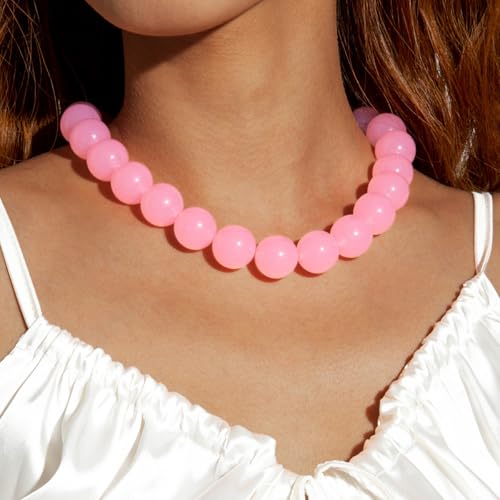Colorful Chunky Beaded Necklace for Women Acrylic Bead Choker Necklaces Fashion Large Round Beads Necklaces for Women Handmade Summer Jewelry - color: Pink Beaded Necklace